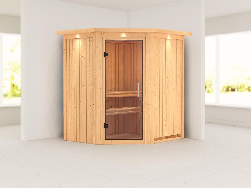 Karibu Sauna Taurin ohne Ofen, mit Dachkranz, mit Klarglas Ganzglastür