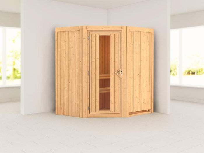 Karibu Sauna Taurin ohne Ofen, ohne Dachkranz, mit energiesparender Saunatür