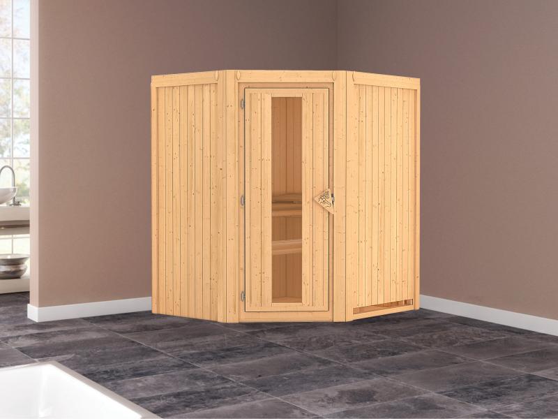 Karibu Sauna Taurin ohne Ofen, ohne Dachkranz, mit energiesparender Saunatür