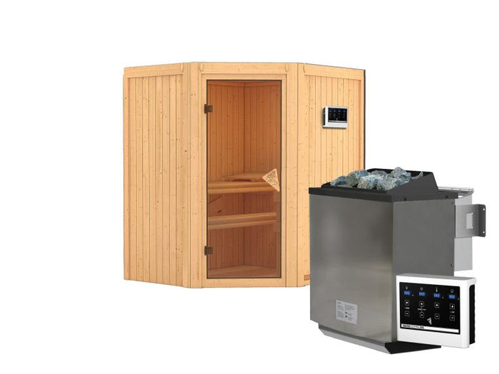 Karibu Sauna Tauriun inkl. 9 kW Bioofen externe Steuerung, mit bronzierter Ganzglastür - ohne Dachkr