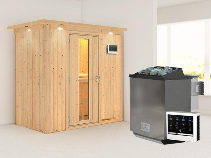 Karibu Sauna Variado inkl.  9 kW Bioofen ext. Steuerung, mit Energiespartür -mit Dachkranz-