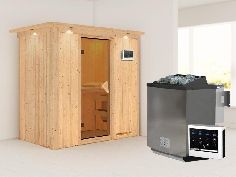 Karibu Sauna Variado inkl. 9 kW Bioofen ext. Steuerung, mit klassischer Saunatür -mit Dachkranz