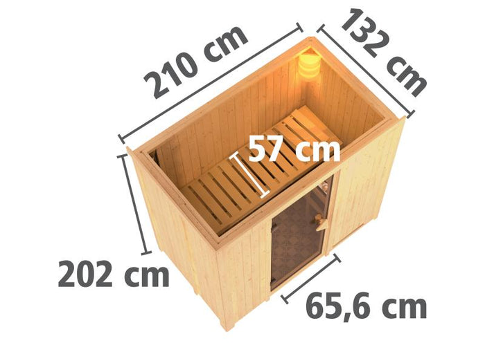 Karibu Sauna Variado inkl. 9 kW Bioofen ext. Steuerung, mit klassischer Saunatür -mit Dachkranz