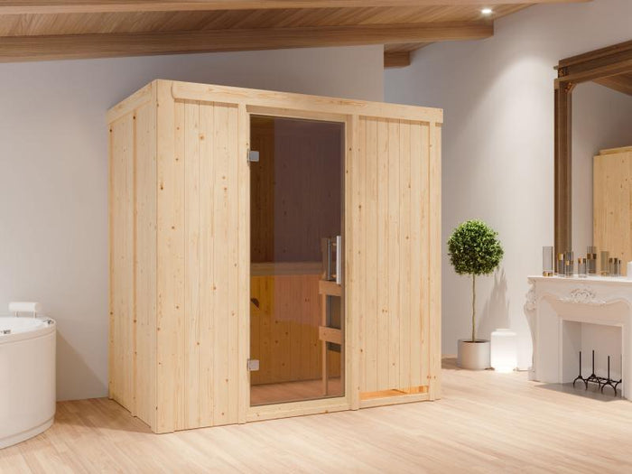 Karibu Sauna Variado inkl. 9 kW Bioofen ext. Steuerung, mit moderner Saunatür -ohne Dachkranz-