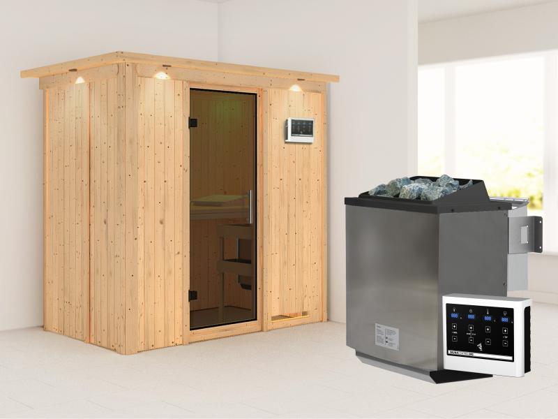Karibu Sauna Variado inkl. 9 kW Bioofen ext. Steuerung, mit moderner Saunatür -mit Dachkranz-