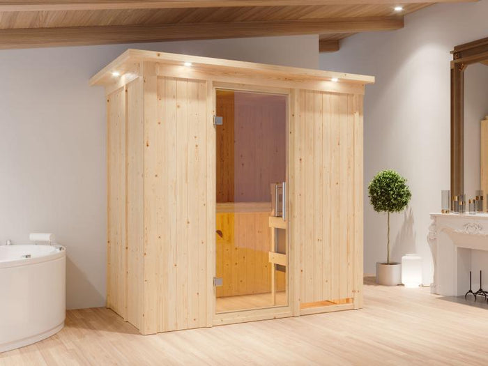 Karibu Sauna Variado inkl. 9 kW Bioofen ext. Steuerung, mit klarglas Ganzglastür -mit Dachkranz-