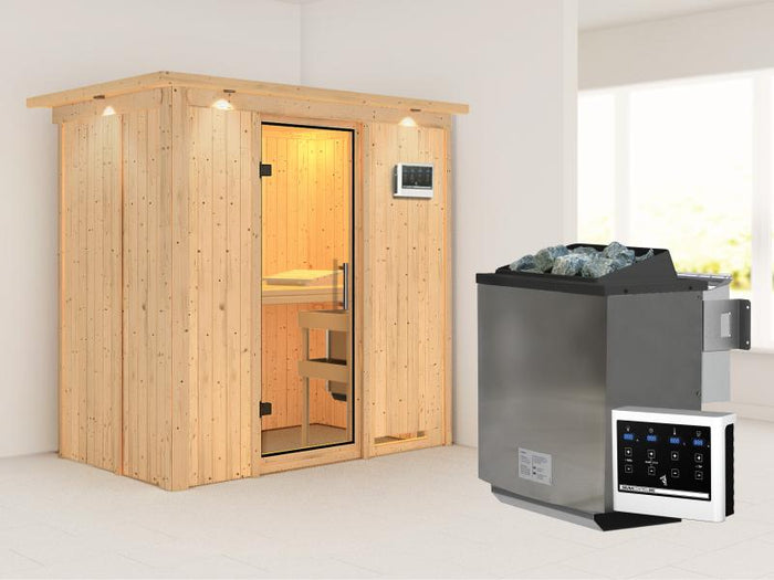 Karibu Sauna Variado inkl. 9 kW Bioofen ext. Steuerung, mit klarglas Ganzglastür -mit Dachkranz-