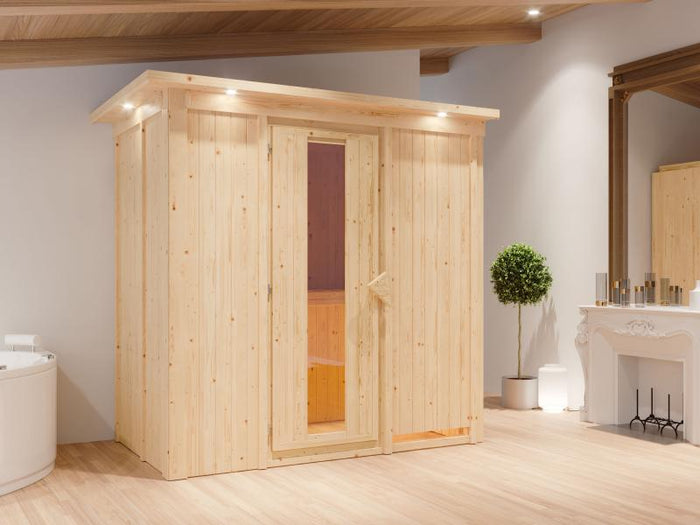 Karibu Sauna Variado inkl. 9 kW Ofen ext. Steuerung, mit Energiespartür -mit Dachkranz-