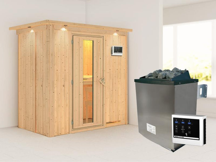 Karibu Sauna Variado inkl. 9 kW Ofen ext. Steuerung, mit Energiespartür -mit Dachkranz-