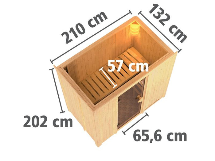 Karibu Sauna Variado inkl. 9 kW Ofen ext. Steuerung, mit Energiespartür -mit Dachkranz-