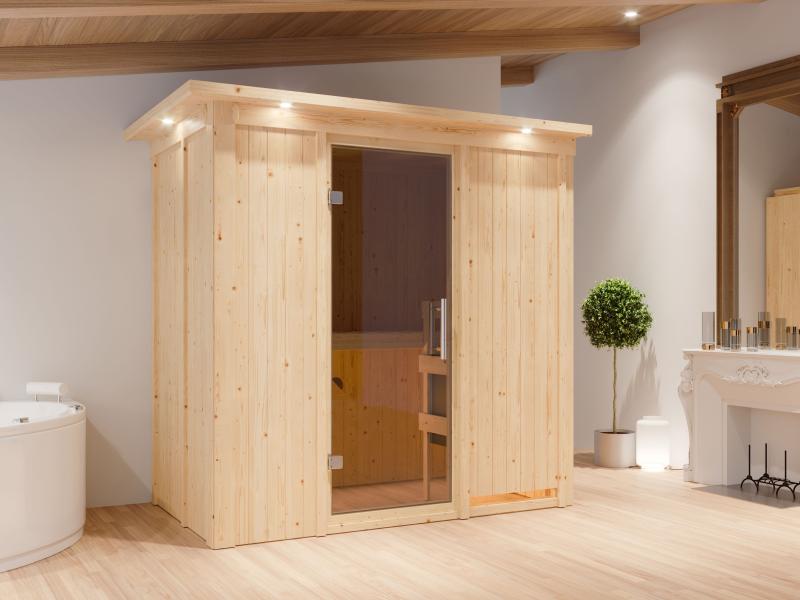 Karibu Sauna Variado inkl. 9 kW Ofen ext. Steuerung, mit moderner Saunatür -mit Dachkranz-