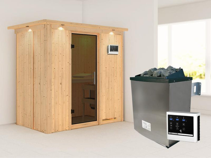 Karibu Sauna Variado inkl. 9 kW Ofen ext. Steuerung, mit moderner Saunatür -mit Dachkranz-
