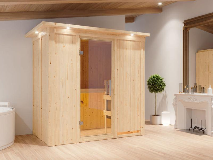 Karibu Sauna Variado inkl. 9 kW Ofen integ. Steuerung, mit klarglas Ganzglastür -mit Dachkranz-