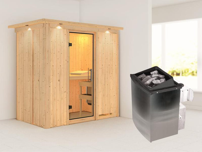 Karibu Sauna Variado inkl. 9 kW Ofen integ. Steuerung, mit klarglas Ganzglastür -mit Dachkranz-