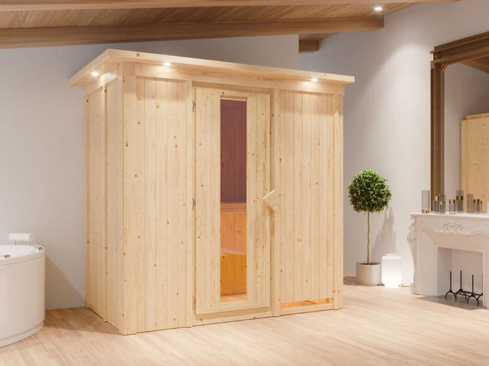 Karibu Sauna Variado inkl.  9 kW Ofen integr. Steuerung, mit Energiespartür -mit Dachkranz-