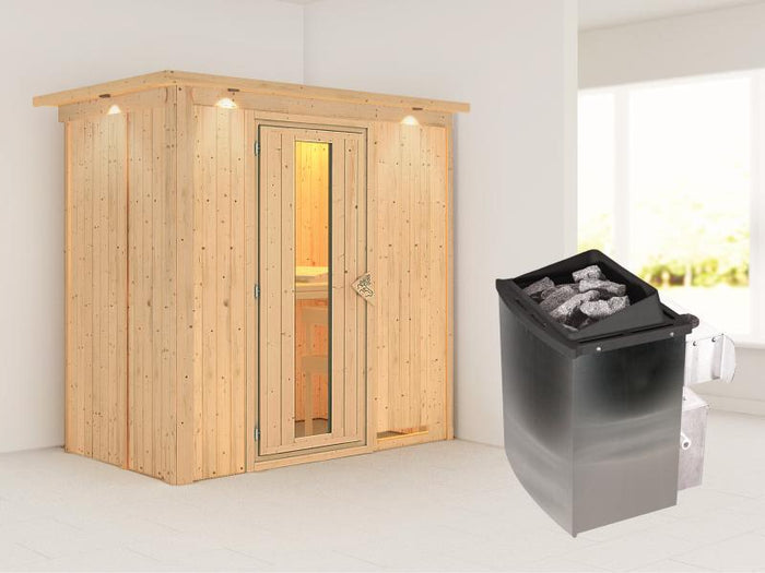 Karibu Sauna Variado inkl.  9 kW Ofen integr. Steuerung, mit Energiespartür -mit Dachkranz-