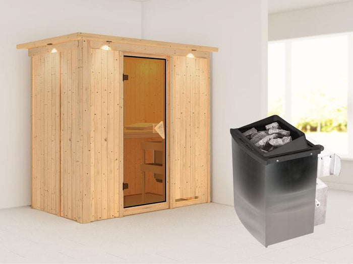 Karibu Sauna Variado inkl. 9 kW Ofen integr. Steuerung, mit klassischer Tür -mit Dachkranz-