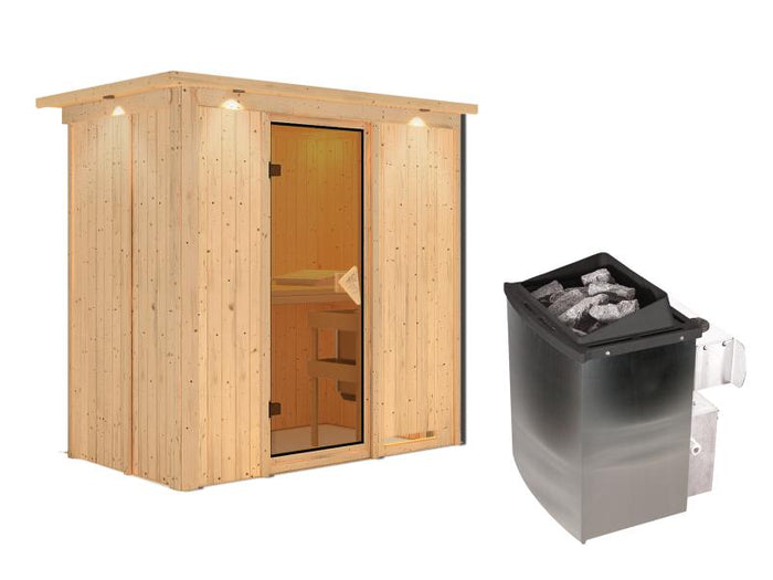 Karibu Sauna Variado inkl. 9 kW Ofen integr. Steuerung, mit klassischer Tür -mit Dachkranz-