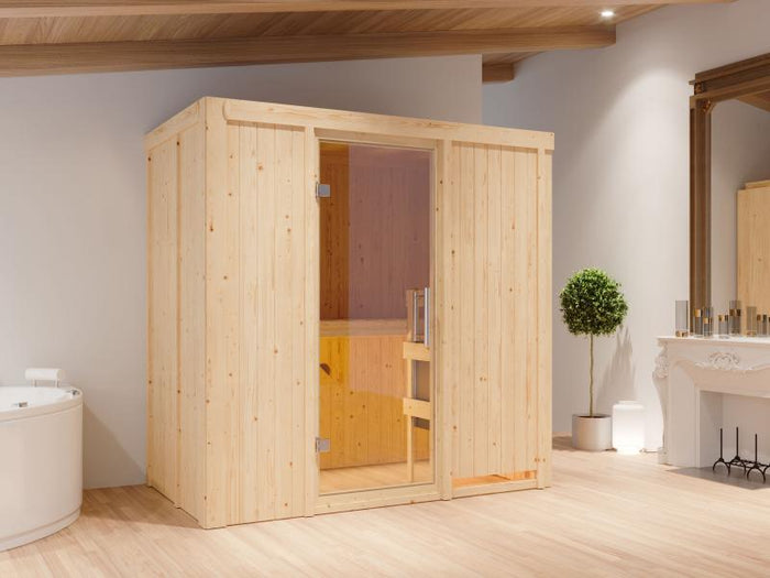 Karibu Sauna Variado inkl. 9 kW Ofen mit ext. Steuerung, mit klarglas Ganzglastür -ohne Dachkranz-