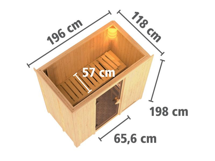 Karibu Sauna Variado inkl. 9 kW Ofen mit ext. Steuerung, mit klarglas Ganzglastür -ohne Dachkranz-