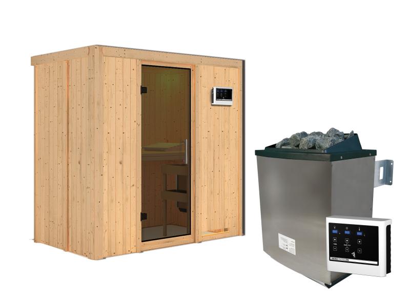 Karibu Sauna Variado mit 9 kW Ofen ext. Steuerung, mit moderner Saunatür -ohne Dachkranz-
