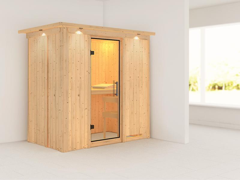 Karibu Sauna Variado ohne Ofen, mit Dachkranz, mit Klarglas Ganzglastür
