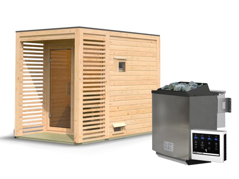 Karibu Saunahaus Angkor 1, 38 mm naturbelassen -inkl. 9 kW Bioofen ext. Steuerung-
