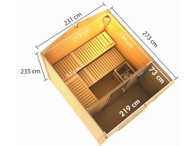 Karibu Saunahaus Bosse 1 mit Vorraum inkl. 9 kW Ofen ext. Steuerung, mit klassischer Tür