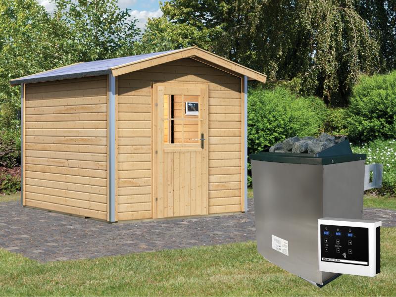 Karibu Saunahaus Bosse 1 mit Vorraum inkl. 9 kW Bioofen ext. Steuerung, mit klassischer Tür