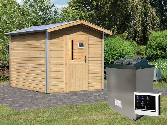 Karibu Saunahaus Bosse 1 mit Vorraum inkl. 9 kW Bioofen ext. Steuerung, mit klassischer Tür