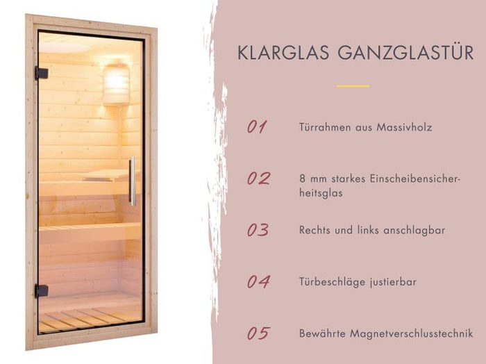 Karibu Saunahaus Catalina, natur -inkl. 9 kW Bioofen ext. Steuerung- inkl. Vorraum, 73 mm