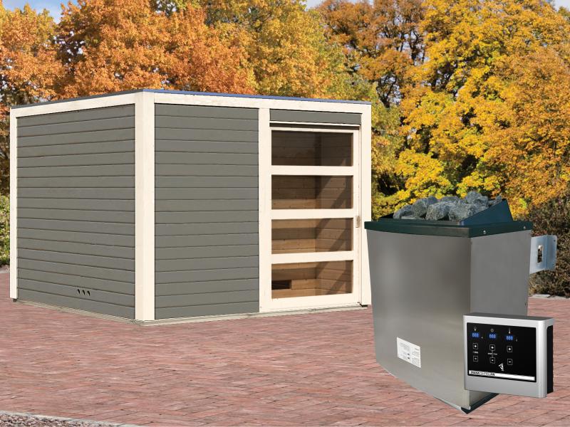 Karibu Saunahaus Cuben terragrau 38 mm inkl. 9-kW-Ofen