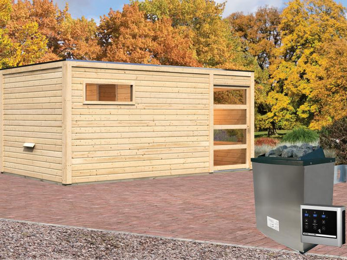 Karibu Saunahaus Hygge 38 mm- naturbelassen- 9 kW Ofen ext. Strg