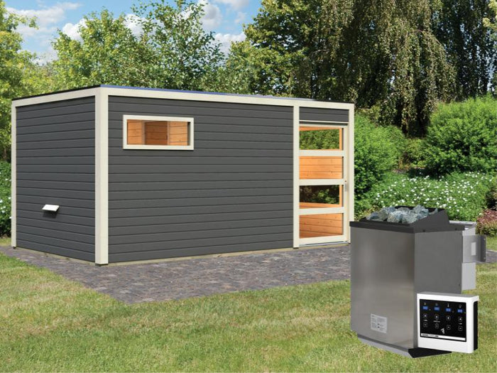 Karibu Saunahaus Hygge 38 mm- terragrau- 9 kW Bioofen ext. Strg