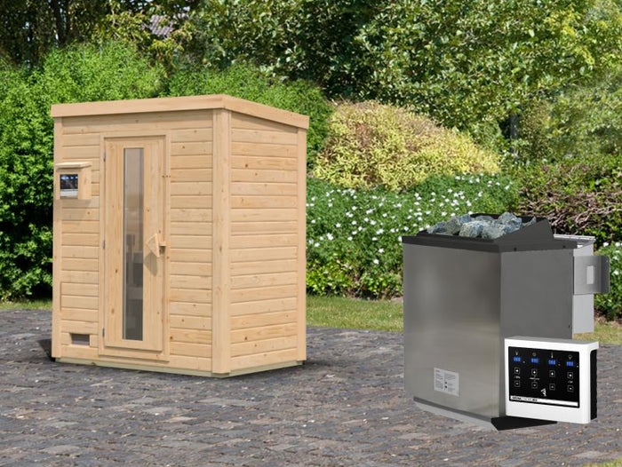 Karibu Saunahaus Hytti 0  38 mm - Ofen 9kW Bio ext. Strg. - Iso Tür naturbelassen