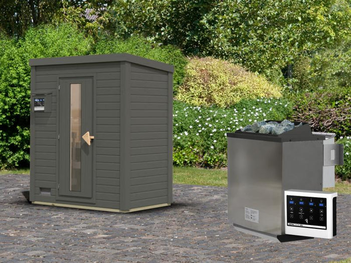 Karibu Saunahaus Hytti 0  38 mm - Ofen 9kW Bio ext. Strg. - Iso Tür, terragrau