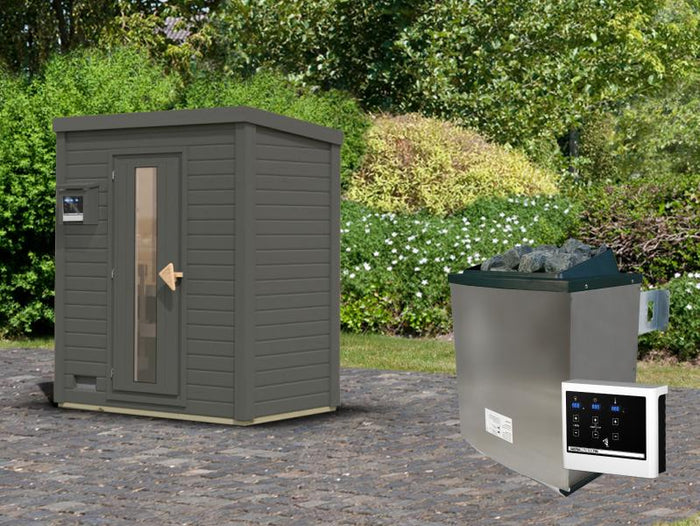 Karibu Saunahaus Hytti 0  38 mm - Ofen 9kW ext. Strg. - Iso Tür, terragrau