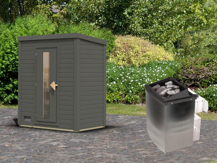 Karibu Saunahaus Hytti 0  38 mm - Ofen 9kW integr. Strg. - Iso-Tür,  terragrau