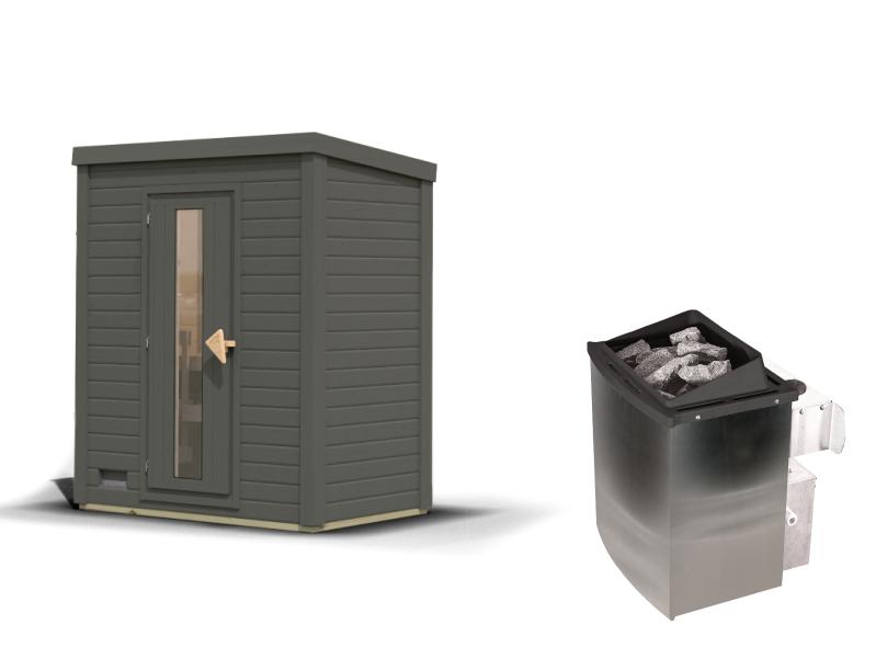 Karibu Saunahaus Hytti 0 38 mm - Ofen 9kW integr. Strg. - Iso-Tür, terragrau