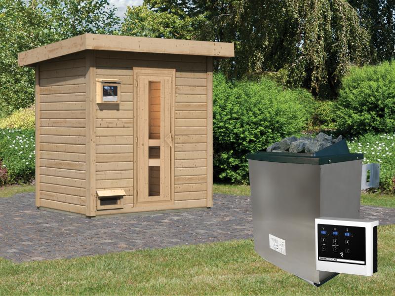 Karibu Saunahaus Hytti 1  38 mm - inkl. 9 kW Ofen ext. Steuerung - mit Energiespartür und Fußboden
