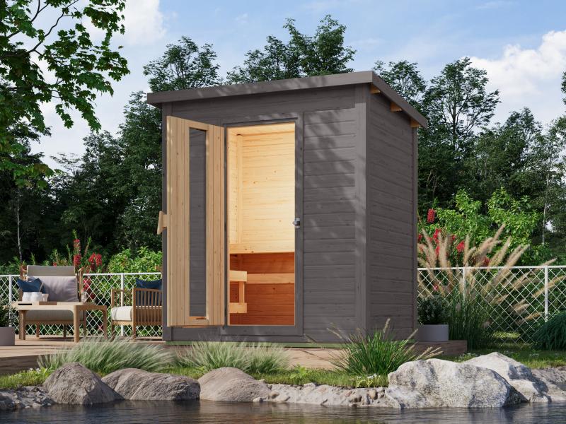 Karibu Saunahaus Hytti 1  38 mm terragrau- inkl. 9 kW Ofen ext. Steuerung - mit Energiespartür und F