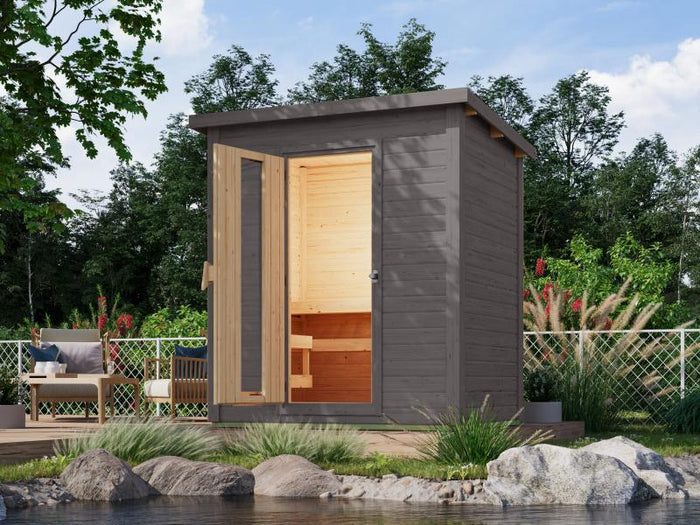 Karibu Saunahaus Hytti 1 38 mm, terragrau  - inkl. 9 kW Ofen integr. Steuerung - mit Energiespartür