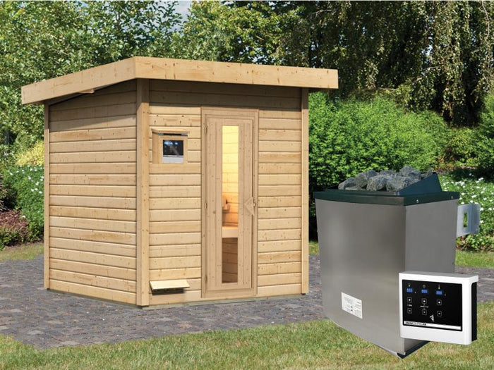 Karibu Saunahaus Hytti 2  38 mm - inkl. 9 kW Ofen ext. Steuerung - mit Energiespartür und Fußboden