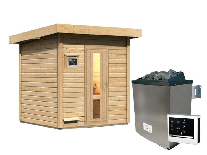 Karibu Saunahaus Hytti 2  38 mm - inkl. 9 kW Ofen ext. Steuerung - mit Energiespartür und Fußboden