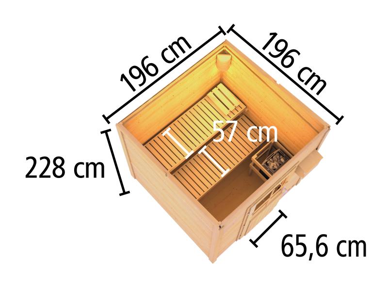 Karibu Saunahaus Hytti 2 38 mm - inkl. 9 kW Ofen integr. Steuerung - mit Energiespartür und Fußbode