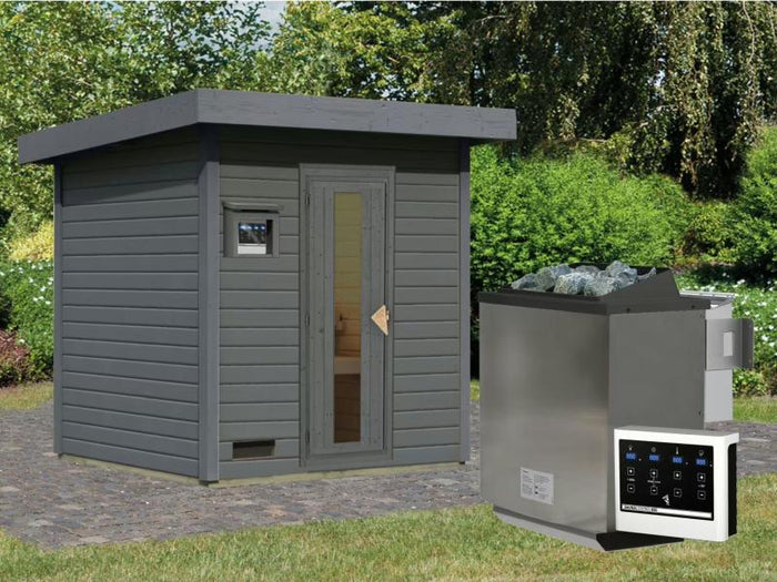 Karibu Saunahaus Hytti 2  38 mm,terragrau - inkl. 9 kW Bioofen ext. Steuerung - mit Energiespartür u