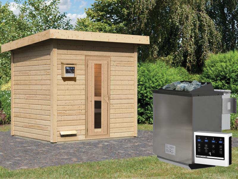 Karibu Saunahaus Hytti 3  38 mm - inkl. 9 kW Bioofen ext. Steuerung - inkl. Energiespartür und Fußbo
