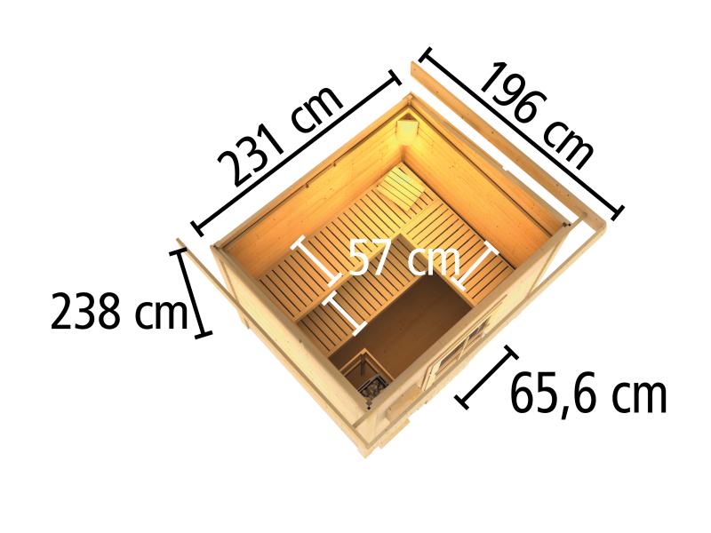 Karibu Saunahaus Hytti 3  38 mm terragrau- inkl. 9 kW Ofen ext. Steuerung - inkl. Energiespartür und