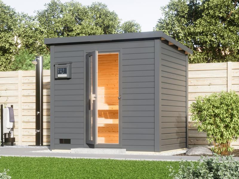 Karibu Saunahaus Hytti 3  38 mm terragrau - inkl. 9 kW Bioofen ext. Steuerung - inkl. Energiespartür