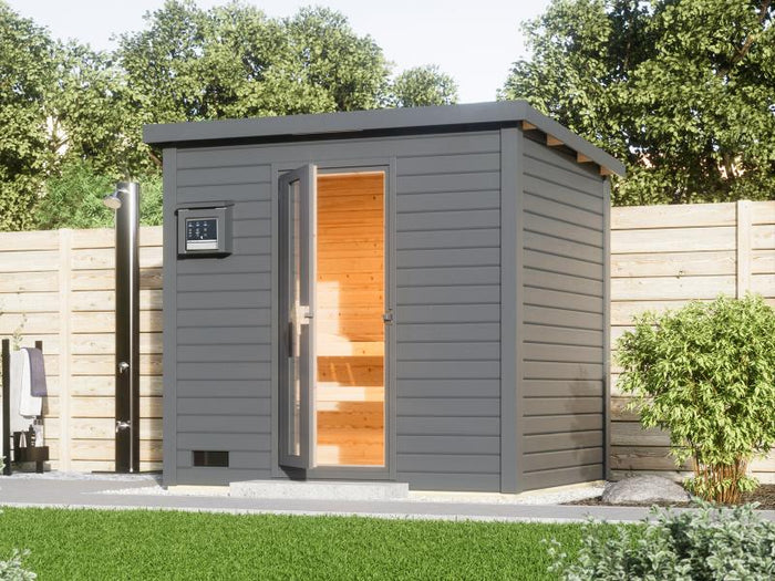 Karibu Saunahaus Hytti 3  38 mm terragrau - inkl. 9 kW Bioofen ext. Steuerung - inkl. Energiespartür